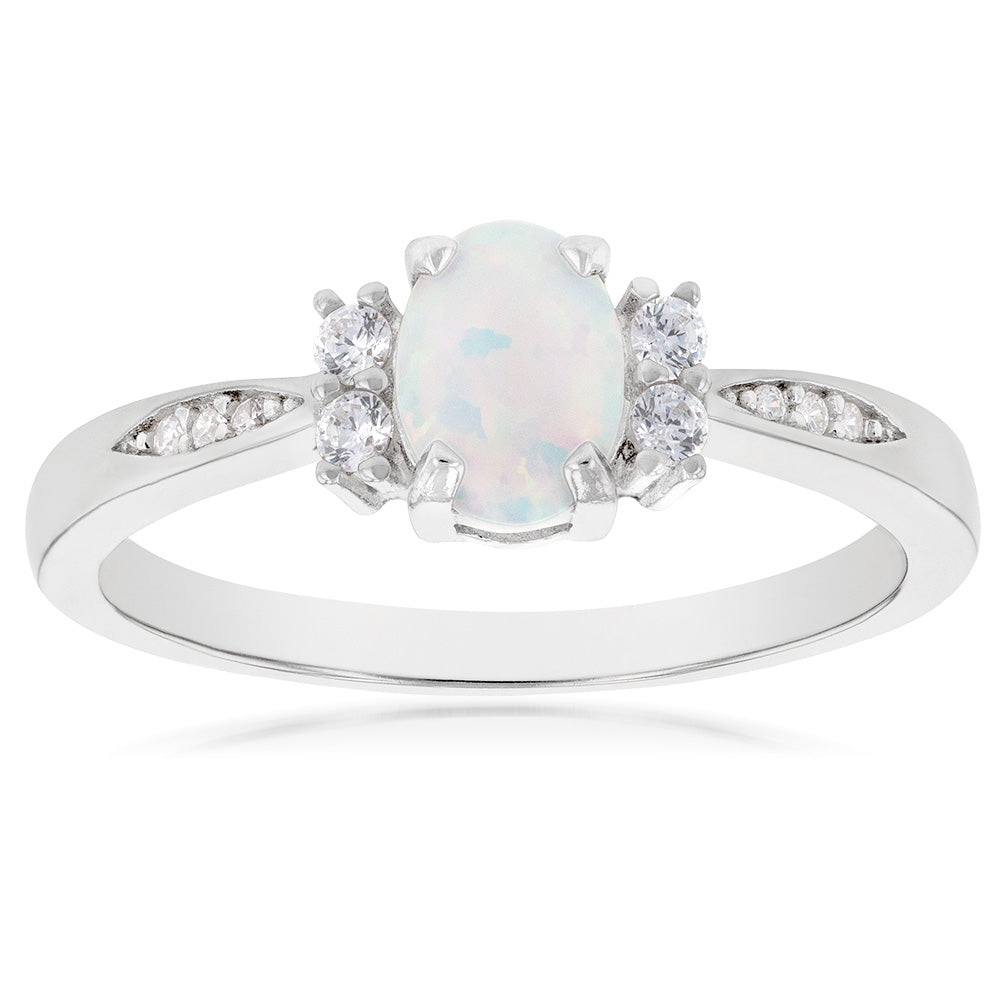 Sterling Silver Rhodium Plated Cubic Zirconia Synthetic Opal Ring