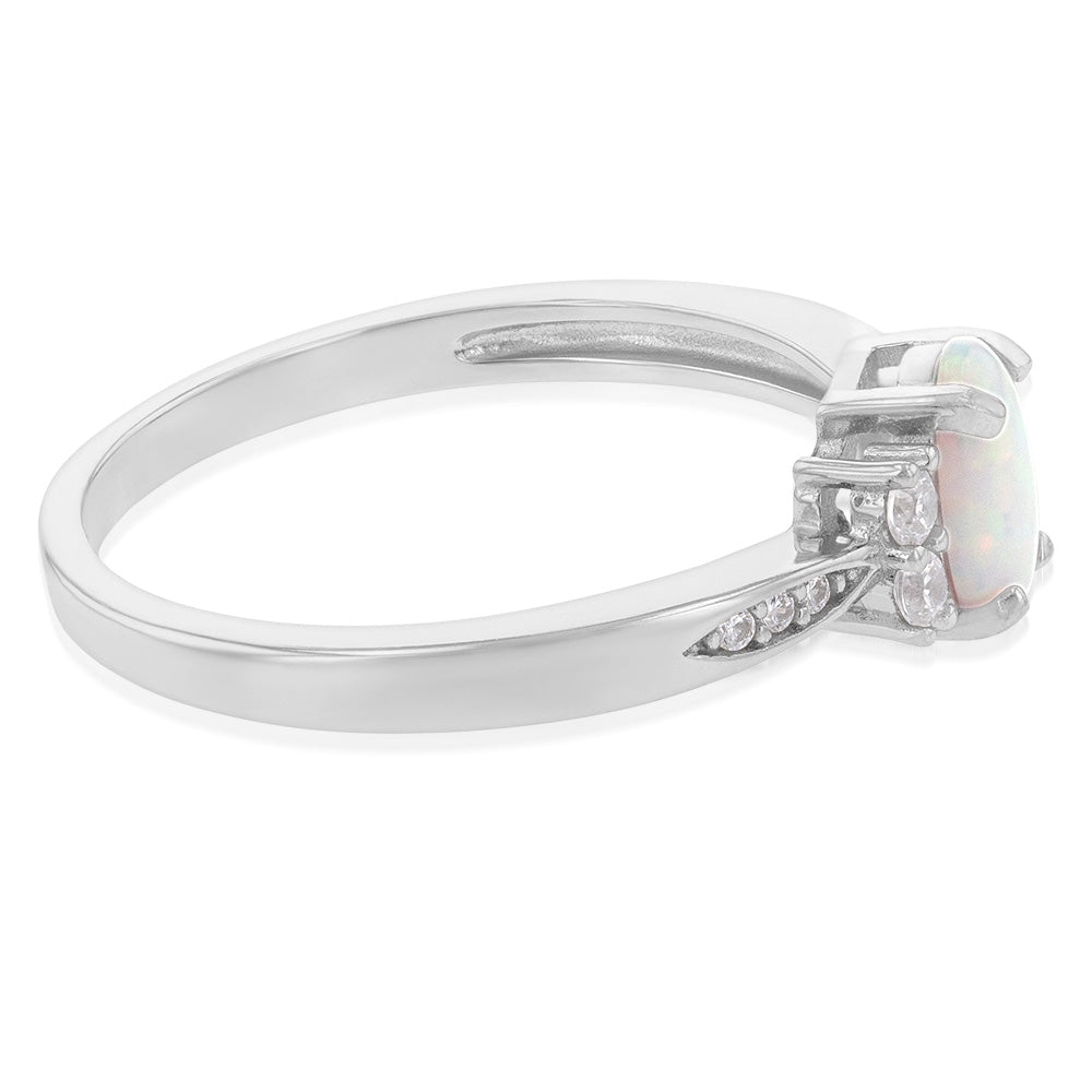 Sterling Silver Rhodium Plated Cubic Zirconia Synthetic Opal Ring