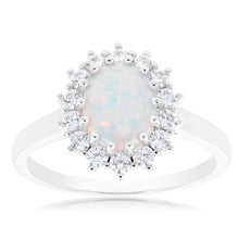Load image into Gallery viewer, Sterling Silver Rhodium Plated Cubic Zirconia Synthetic Opal Round Ring