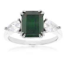 Load image into Gallery viewer, Sterling Silver Rhodium Plated Green And White Cubic Zirconia Emerald Cut Ring