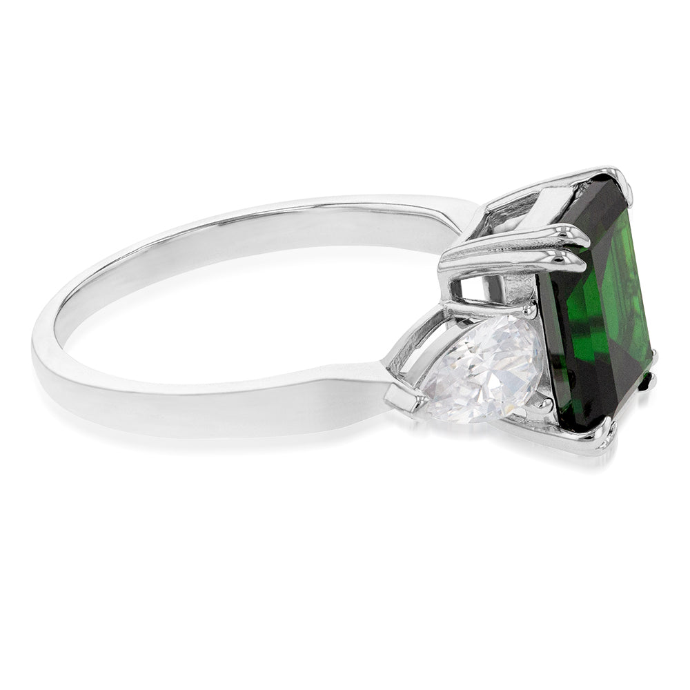 Sterling Silver Rhodium Plated Green And White Cubic Zirconia Emerald Cut Ring