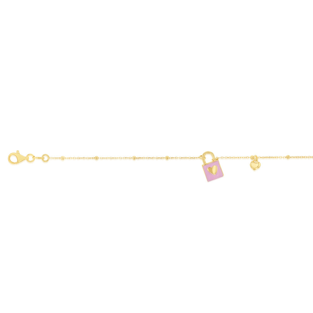 Sterling Silver Yellow Gold Plated Pink Enamel Lock19cm Bracelet