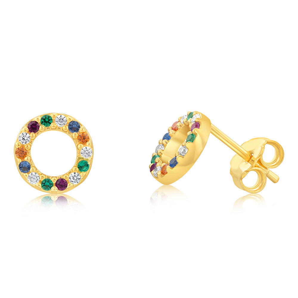 Sterling Silver Gold Plated Multicolour Circle Of Life Stud Earrings