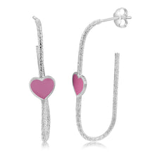 Load image into Gallery viewer, Sterling Silver Pink Enamel Heart Textured Open Hoop Earrings
