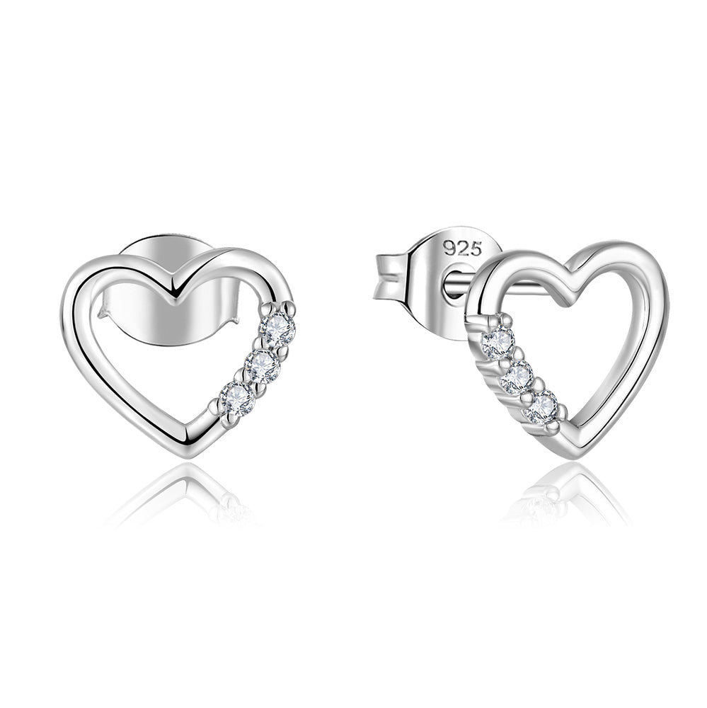 Sterling Silver Rhodium Plated Cubic Zirconia Open Heart Stud Earrings