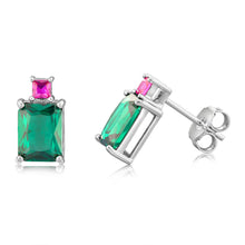 Load image into Gallery viewer, Sterling Silver Rhodium Plated Green And Pink Cubic Zirconia Stud Earrings