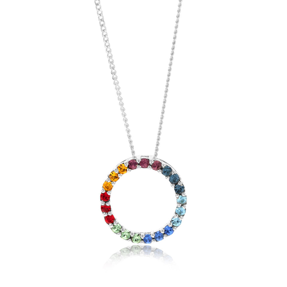 Sterling Silver Multicolour Crystals Circle Of Life Pendant On 45cm Chain