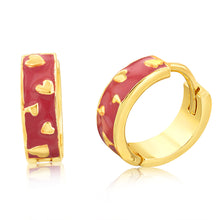 Load image into Gallery viewer, Gold Plated Sterling Silver Hearts Pink Enamel 13mm Hoop Earrings