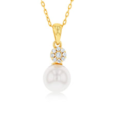 Load image into Gallery viewer, Sterling Silver Gold Plated Pearl And Cubic Zirconia Pendant On 45cm Chain