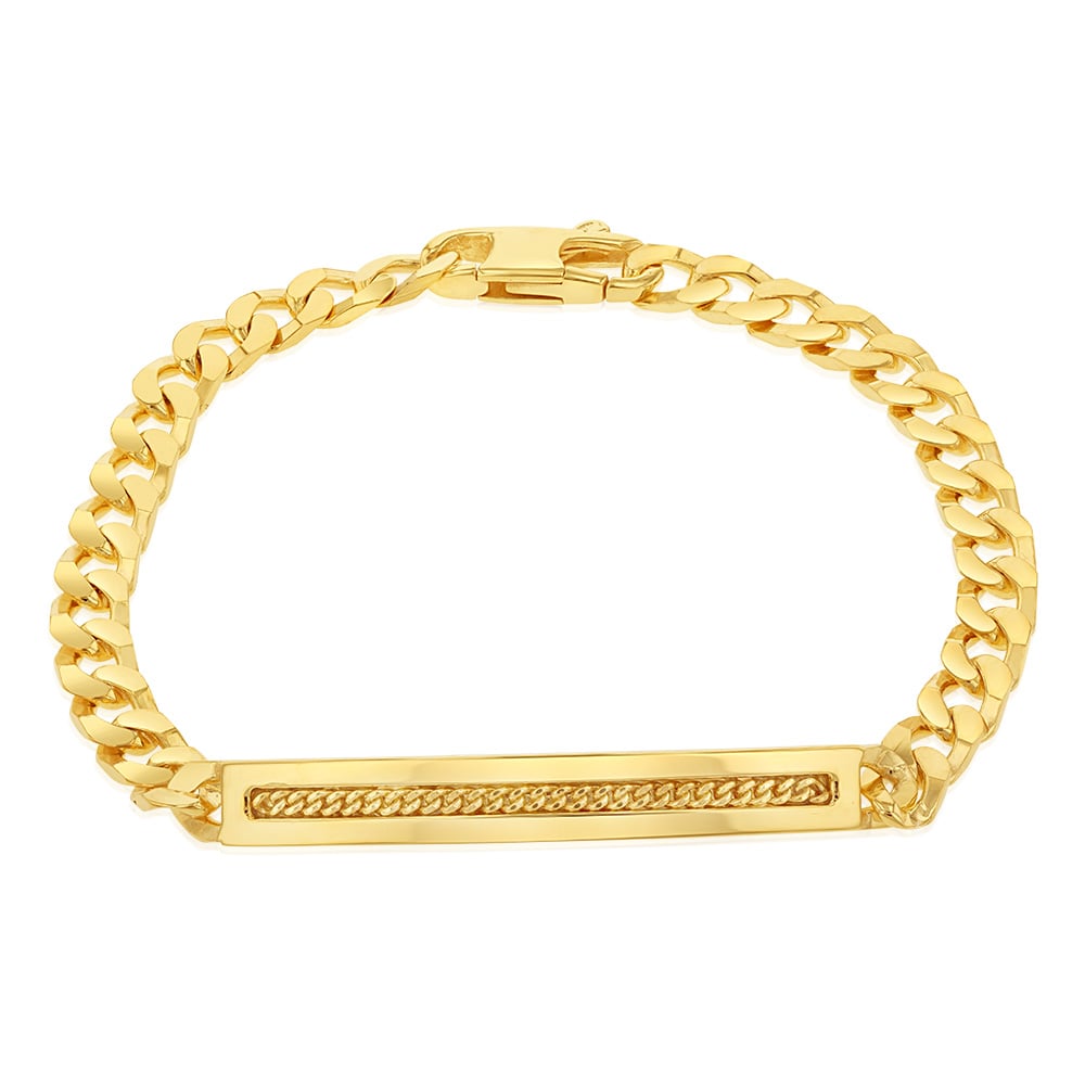 Mens Matte Curb Chain ID Bracelet with Brilliant Center Finished in 18kt  Yellow Gold - CRISLU