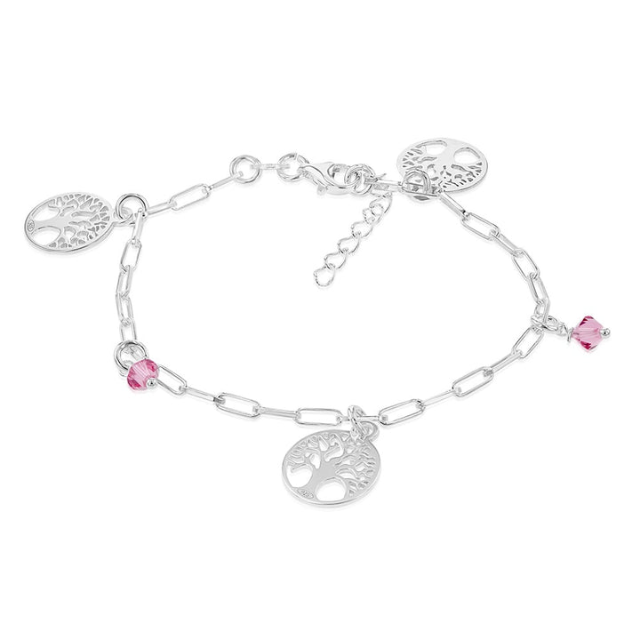 Sterling Silver Tree Of Life & Pink Charm 19cm Bracelet