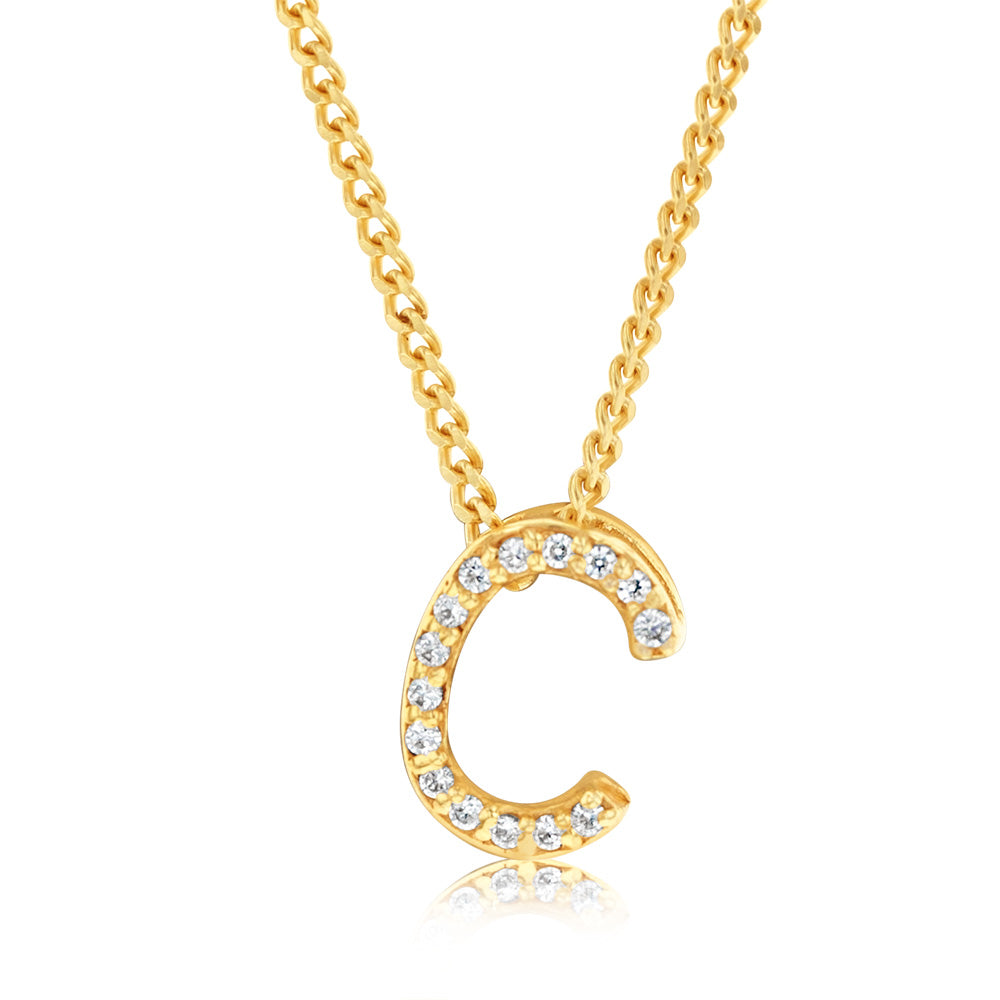 Sterling Silver Gold Plated Cubic Zirconia Initial "C" Pendant On 42cm Chain