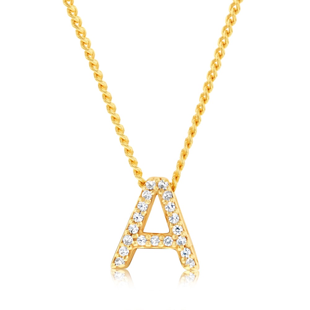 Sterling Silver Gold Plated Cubic Zirconia Initial "A" Pendant On 42cm Chain