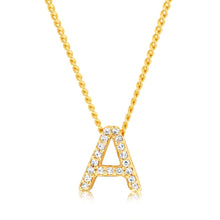 Load image into Gallery viewer, Sterling Silver Gold Plated Cubic Zirconia Initial &quot;A&quot; Pendant On 42cm Chain