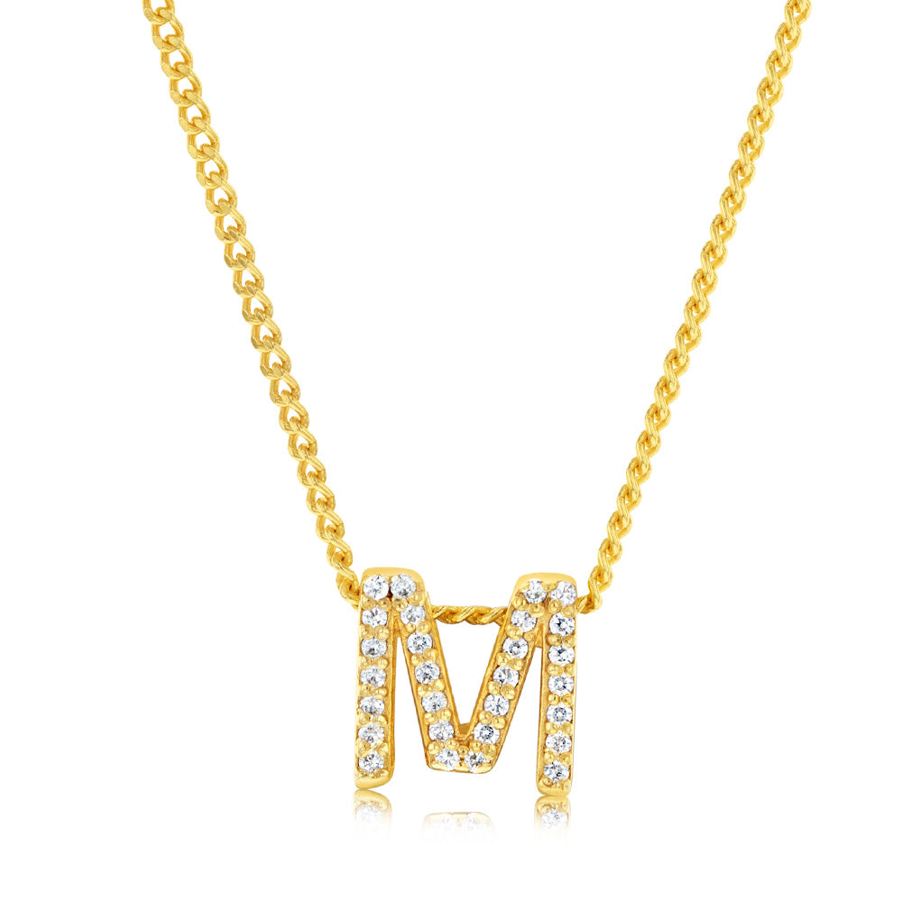 Sterling Silver Gold Plated Cubic Zirconia Initial "M" Pendant On 42cm Chain