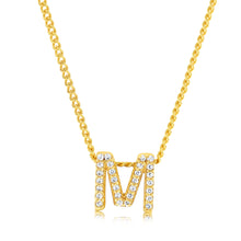 Load image into Gallery viewer, Sterling Silver Gold Plated Cubic Zirconia Initial &quot;M&quot; Pendant On 42cm Chain