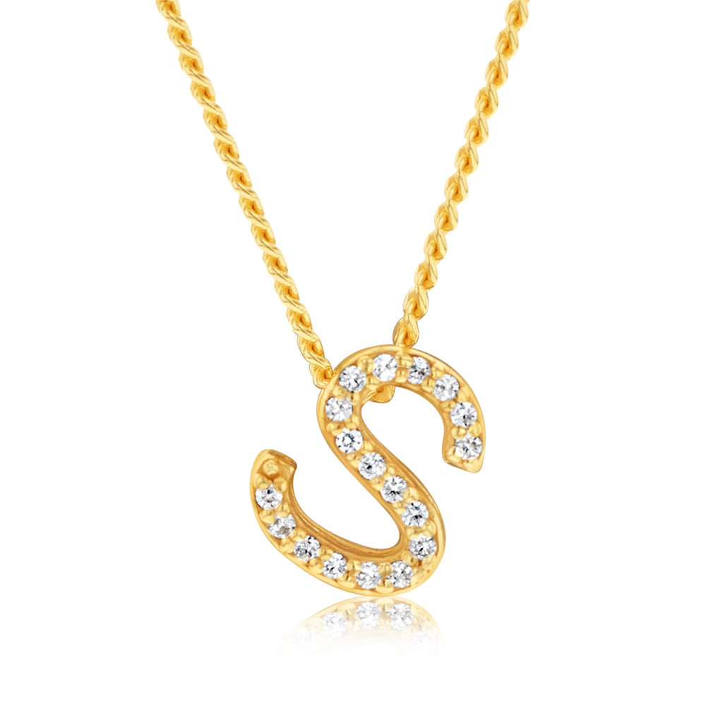 Sterling Silver Gold Plated Cubic Zirconia Initial "S" Pendant On 42cm Chain