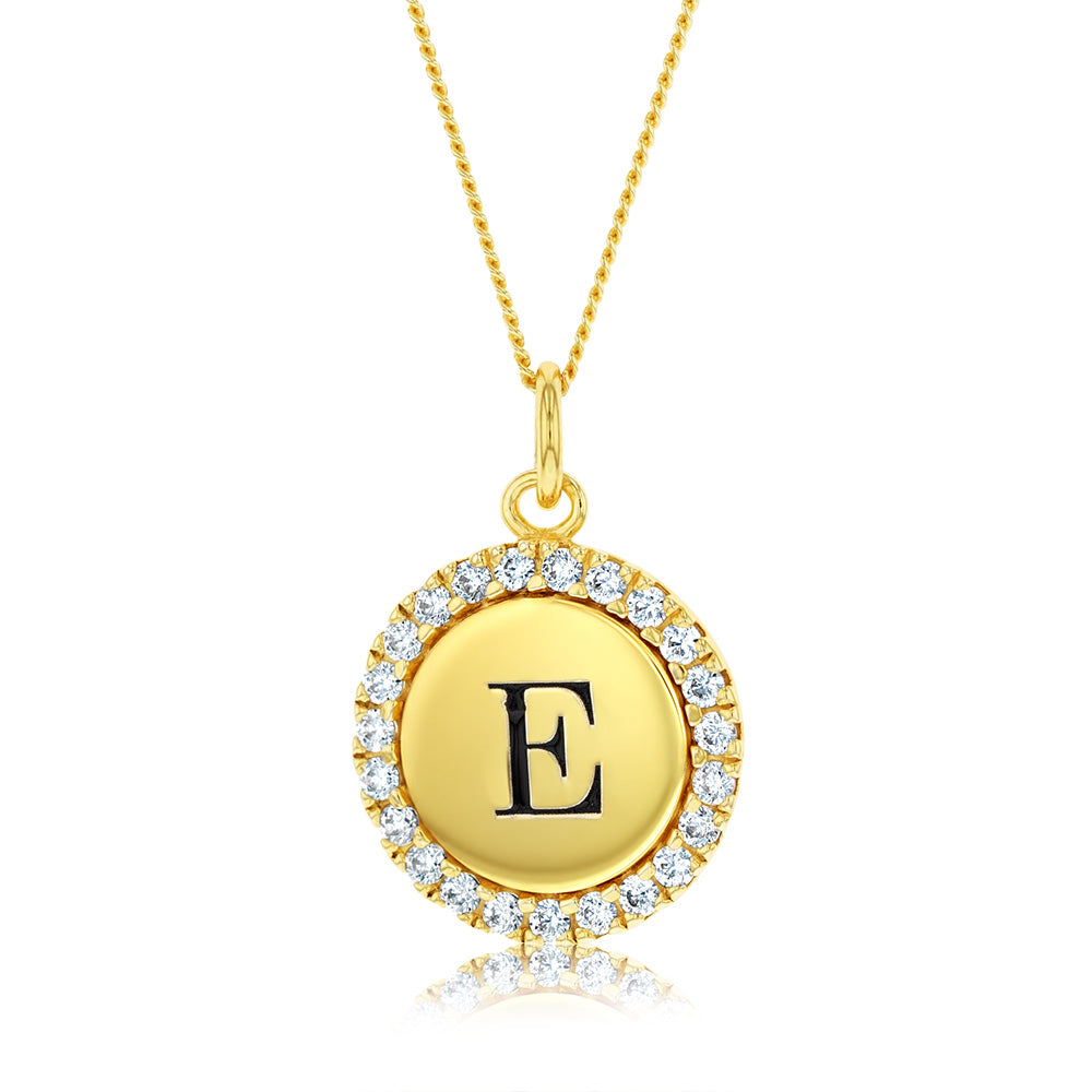 Sterling Silver Gold Plated Round Initial "E" Pendant On 45cm Chain