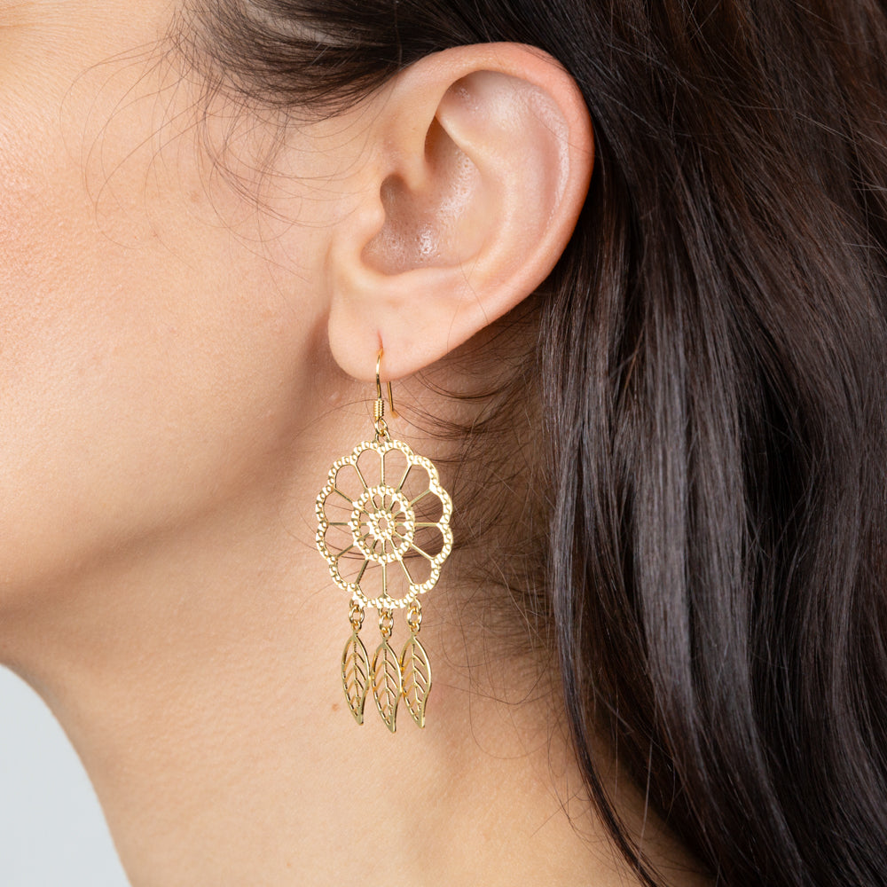Sterling Silver Gold Plated Dream Catcher Drop Earrings