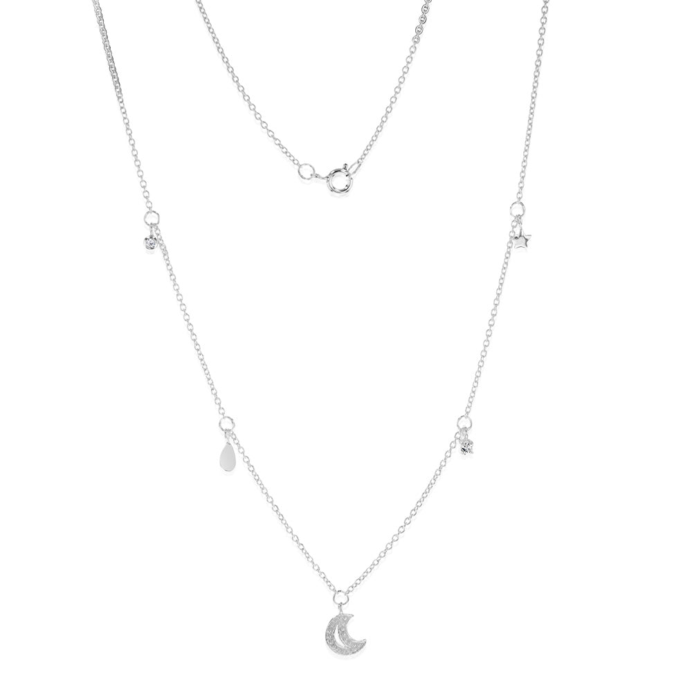 Sterling Silver Cubic Zirconia Stars And Moon Charms On 45cm Chain