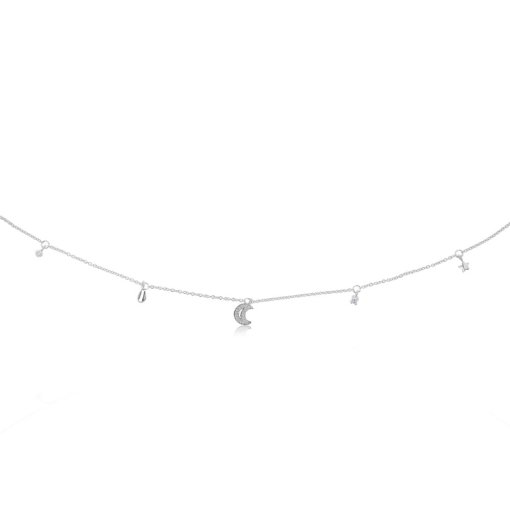 Sterling Silver Cubic Zirconia Stars And Moon Charms On 45cm Chain