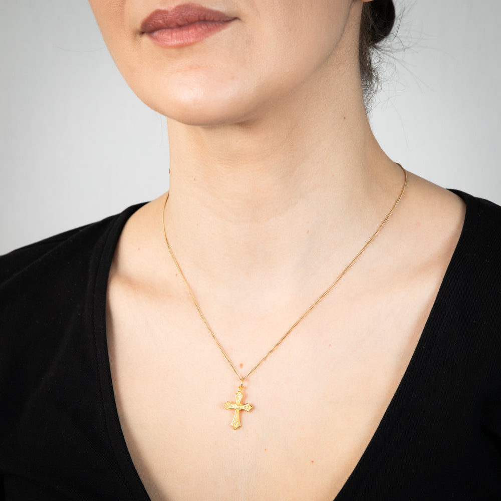 Gold Plated Sterling Silver Engraved Cross Pendant
