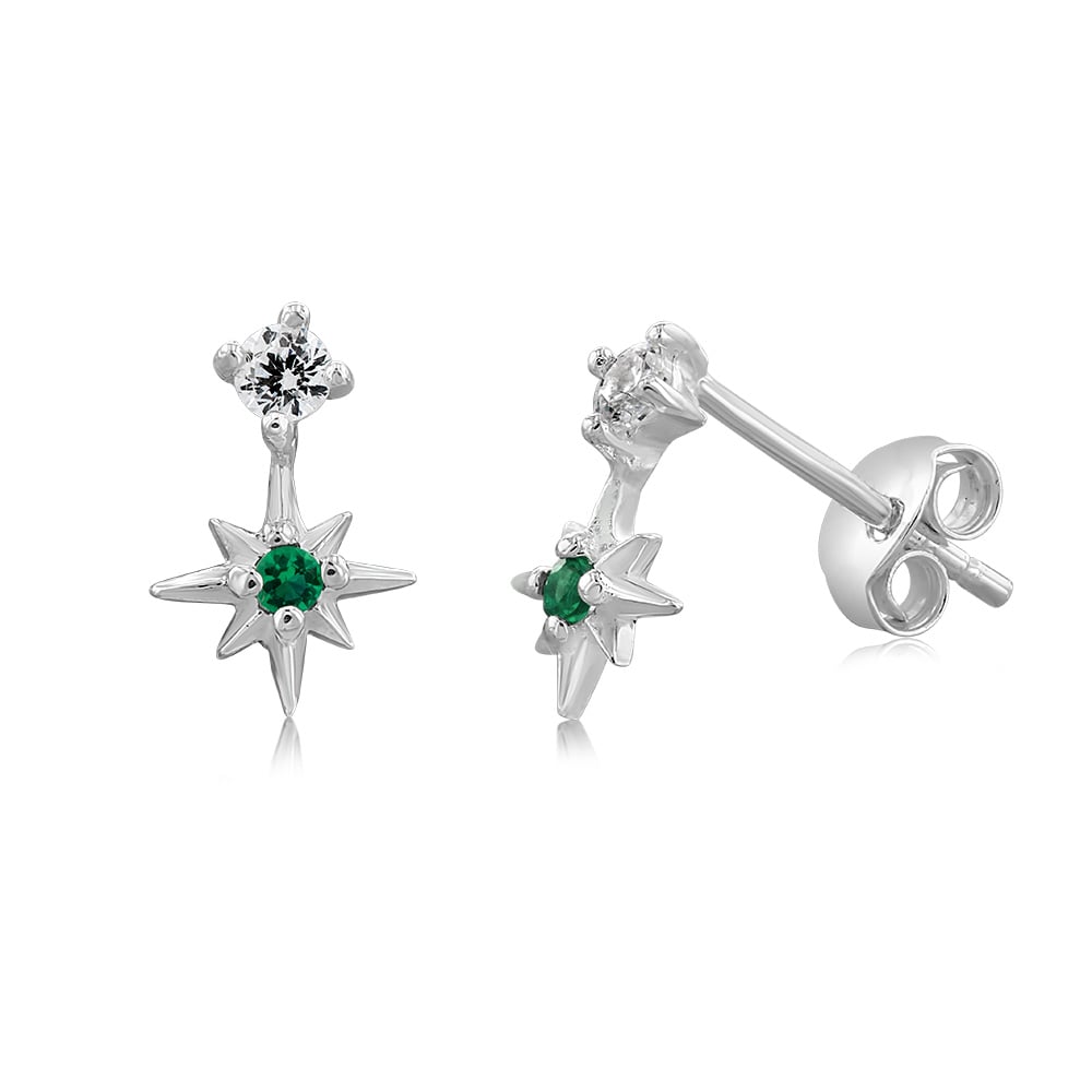 Sterling Silver Star Emerald Glass And White Cubic Zirconia Studs Earrings