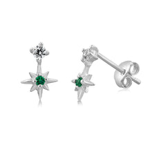 Load image into Gallery viewer, Sterling Silver Star Emerald Glass And White Cubic Zirconia Studs Earrings