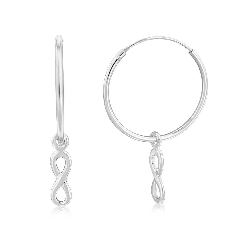 Sterling Silver Infinity On Plain Hoop Earrings