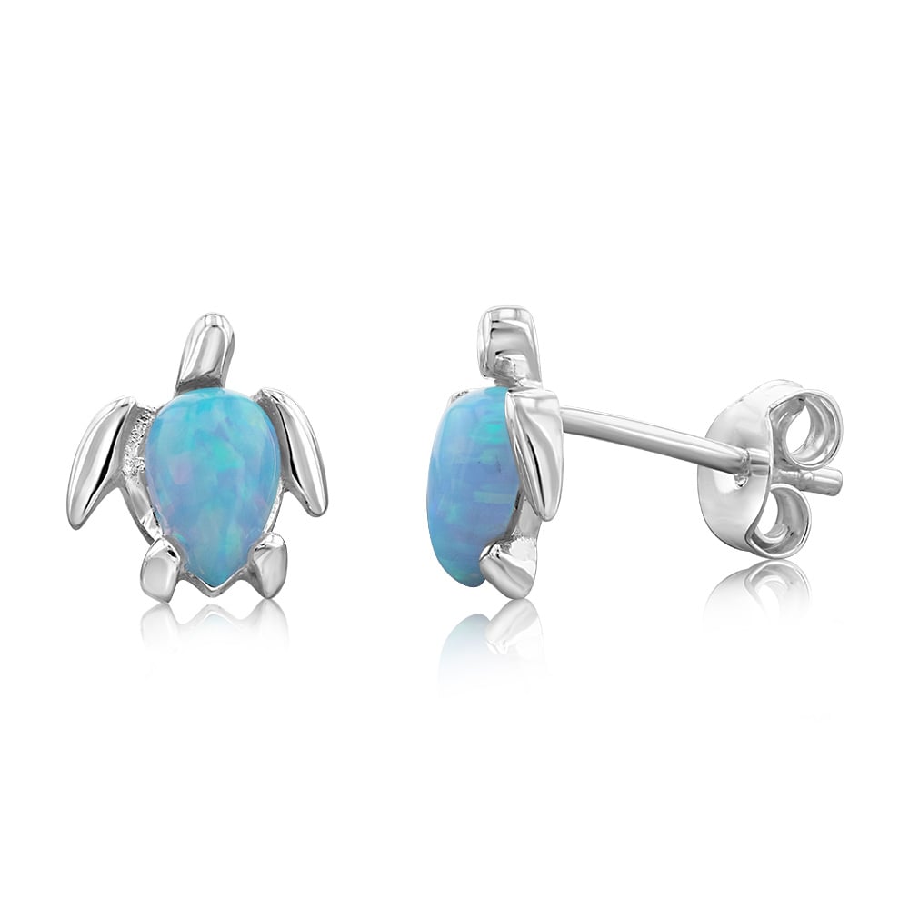 Sterling Silver Turtles Blue Opal Glass Studs Earrings