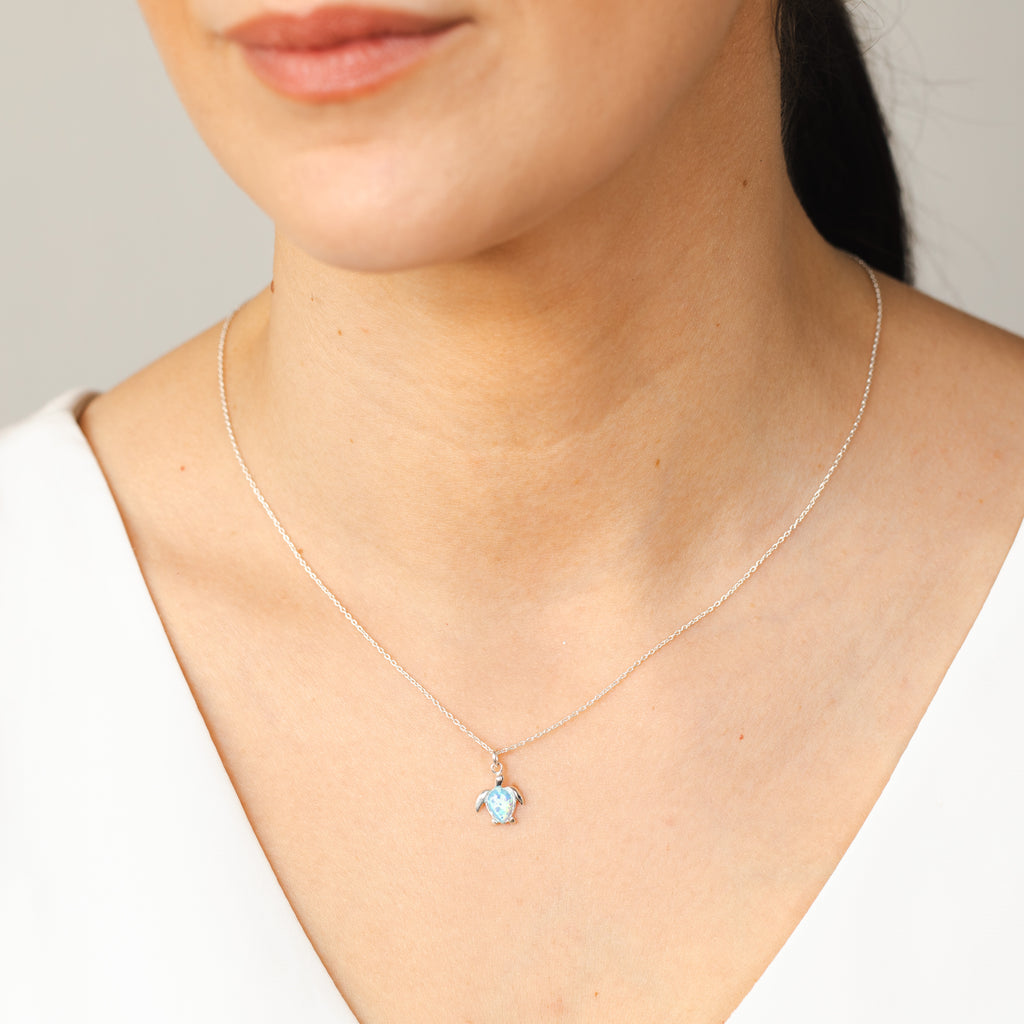 Sterling Silver Turtles Blue Opal Glass Pedant With 45cm Chain