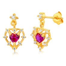 Load image into Gallery viewer, Gold Plated Sterling Silver Created Ruby Drop Earrings