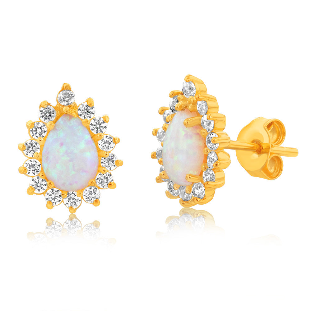 Gold Plated Sterling Silver Pear Created Opal White Cubic Zirconia Studs Earrings