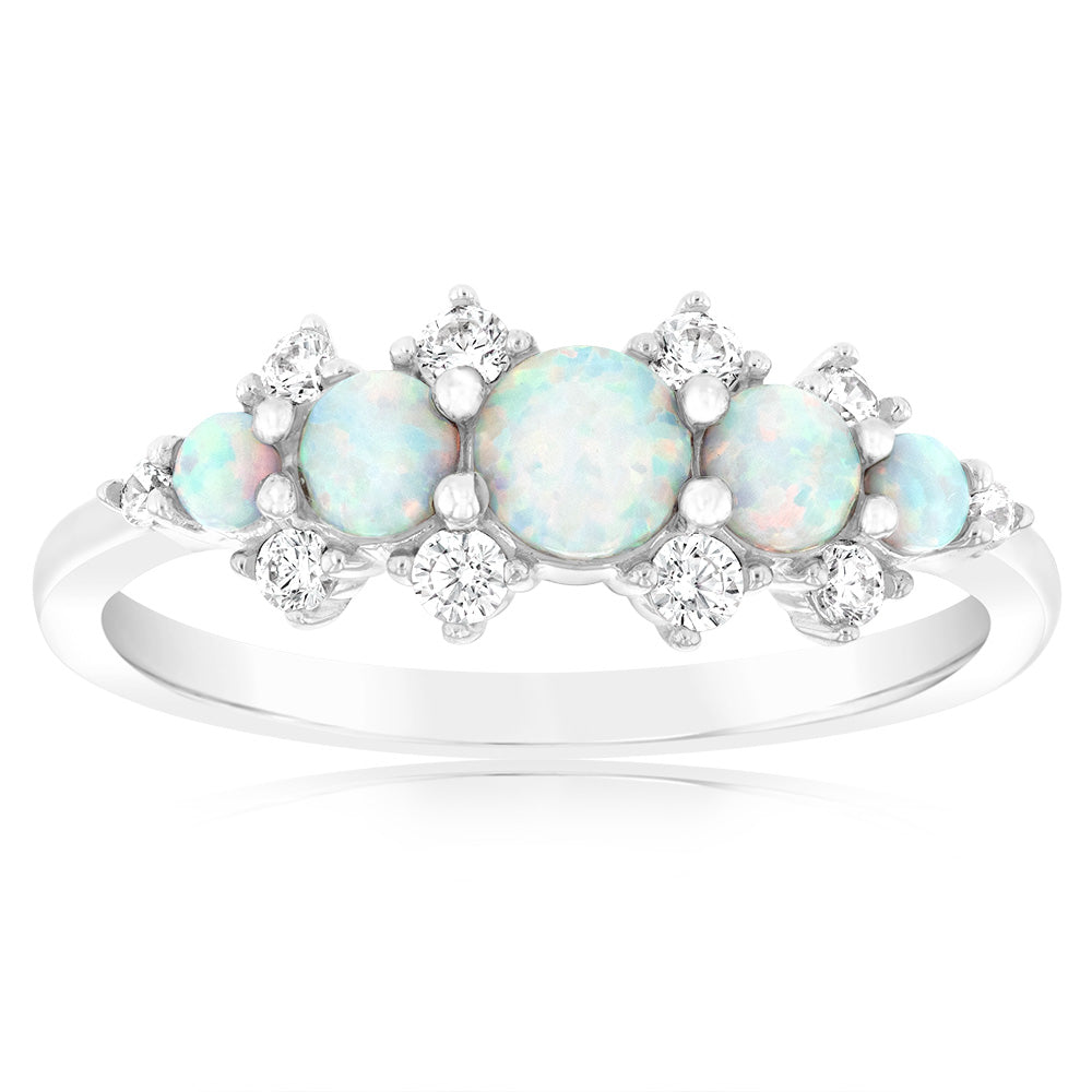 Sterling Silver Rhodium Plated Created White Opal Ring