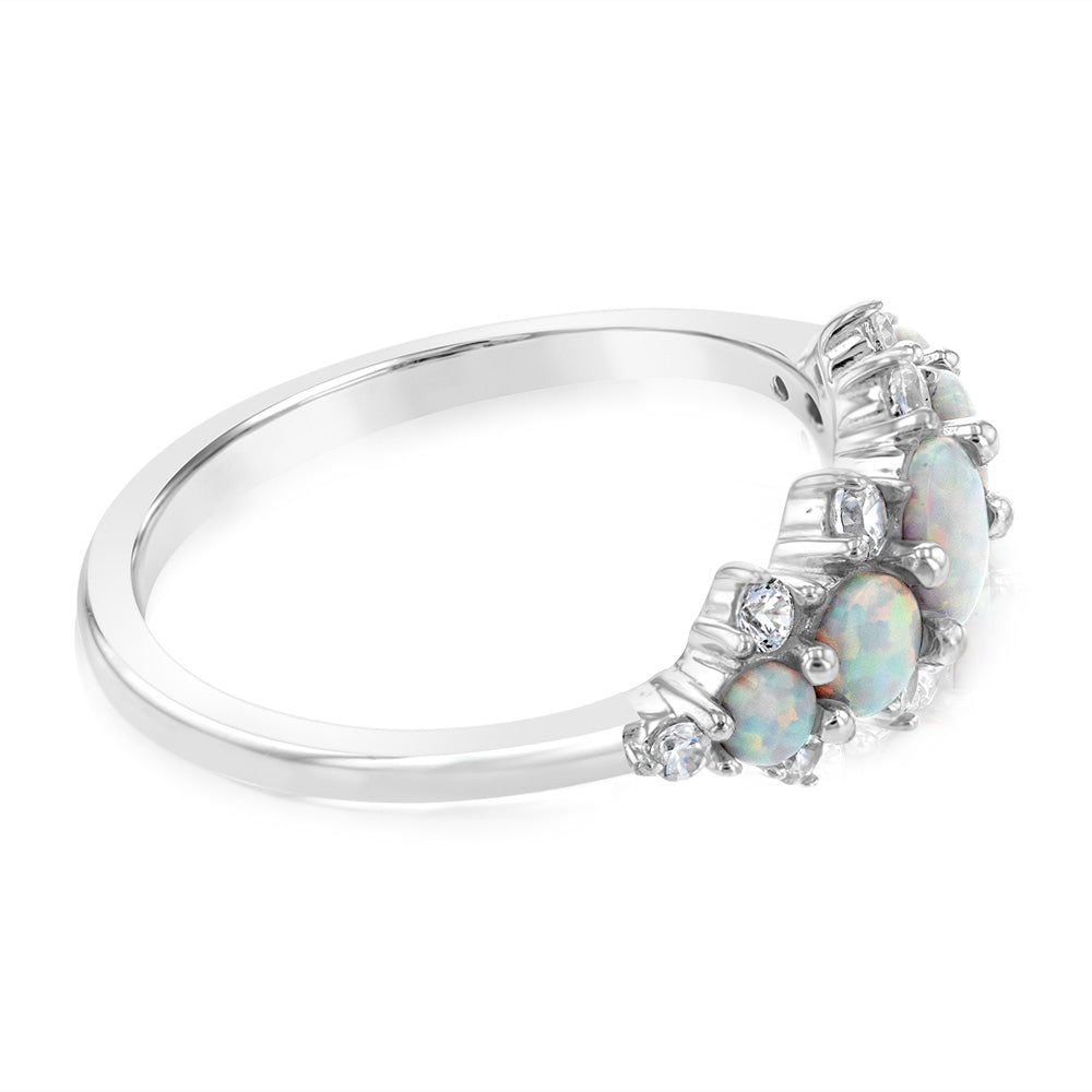 Sterling Silver Rhodium Plated Created White Opal Ring