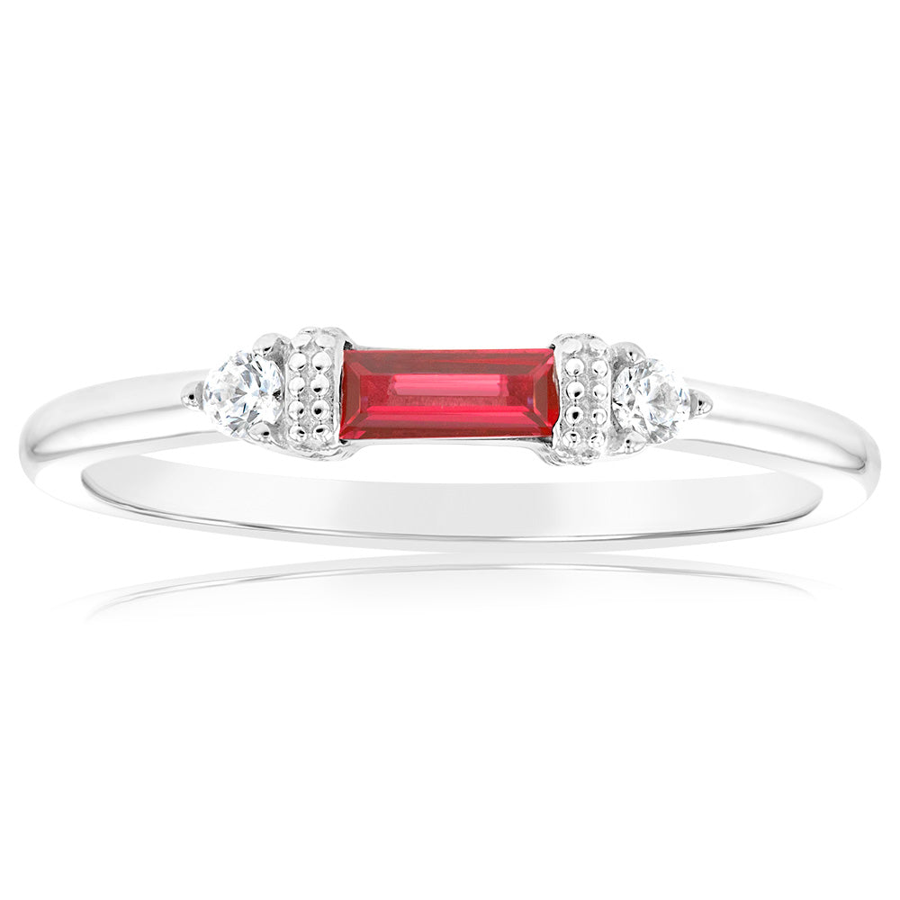 Sterling Silver Rhodium Plated Red Stone White Cubic Zirconia Ring