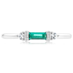 Sterling Silver Rhodium Plated Emerald Stone White Cubic Zirconia Ring