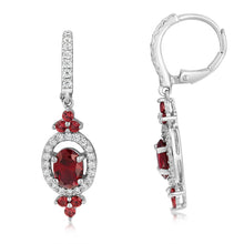Load image into Gallery viewer, Sterling Silver Rhodium Plated Red Stone White Cubic Zirconia Drop Earrings