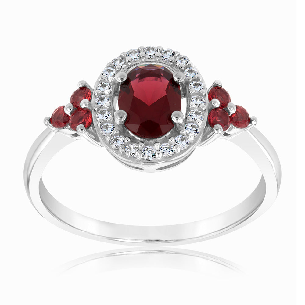 Sterling Silver Rhodium Plated Red Stone White Cubic Zirconia Ring