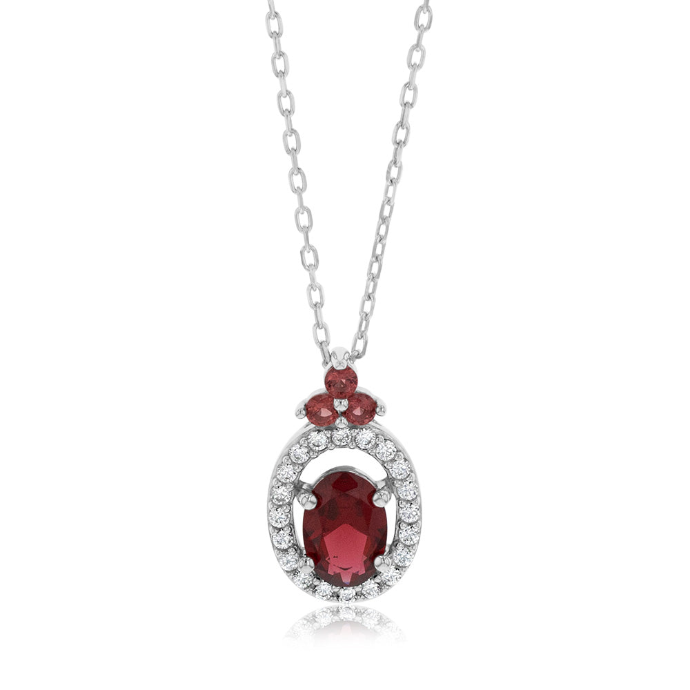 Sterling Silver Rhodium Plated Oval Red Stone White Cubic Zirconia With 45cm Chain