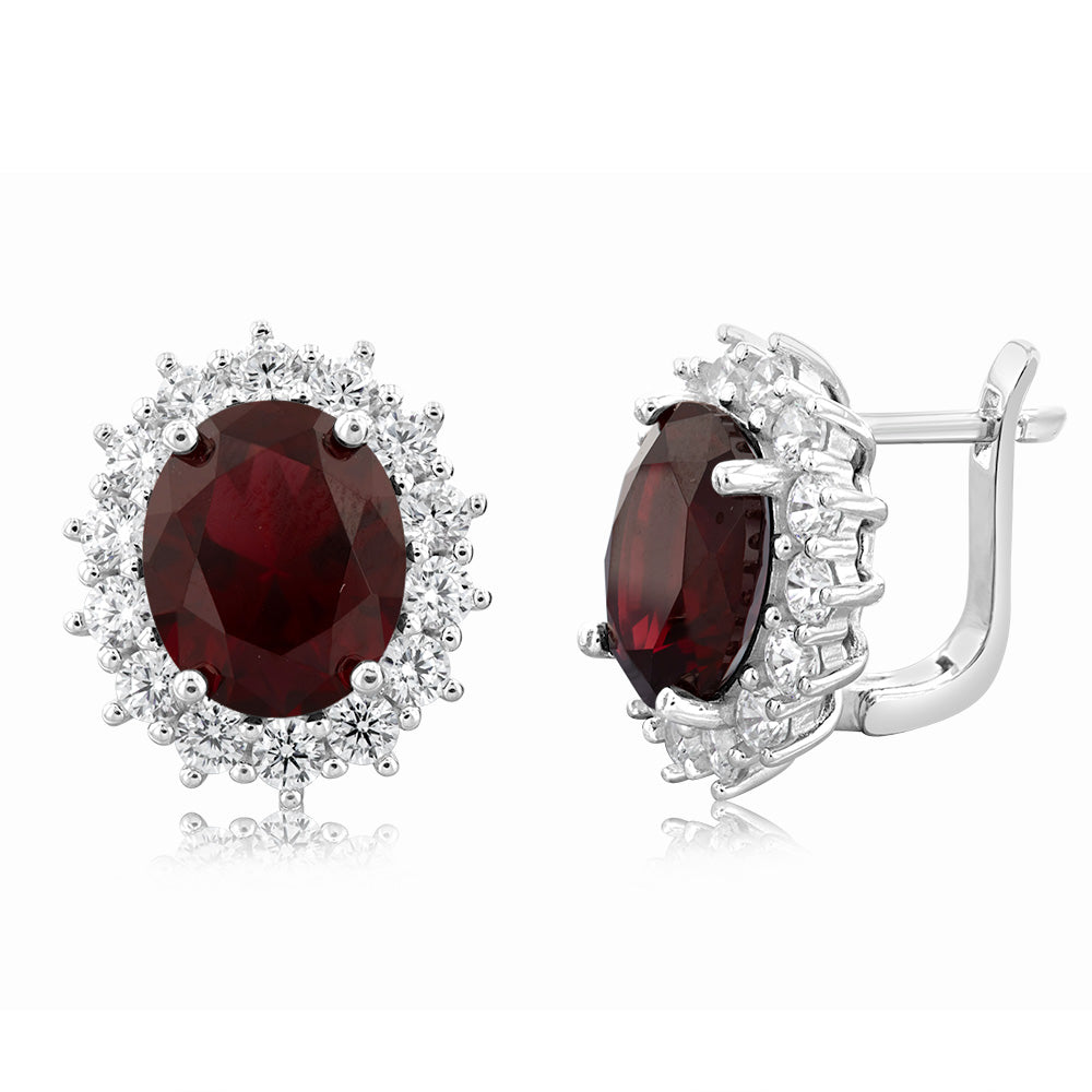 Sterling Silver Rhodium Plated Red Stone And White Cubic Zirconia Studs Earrings