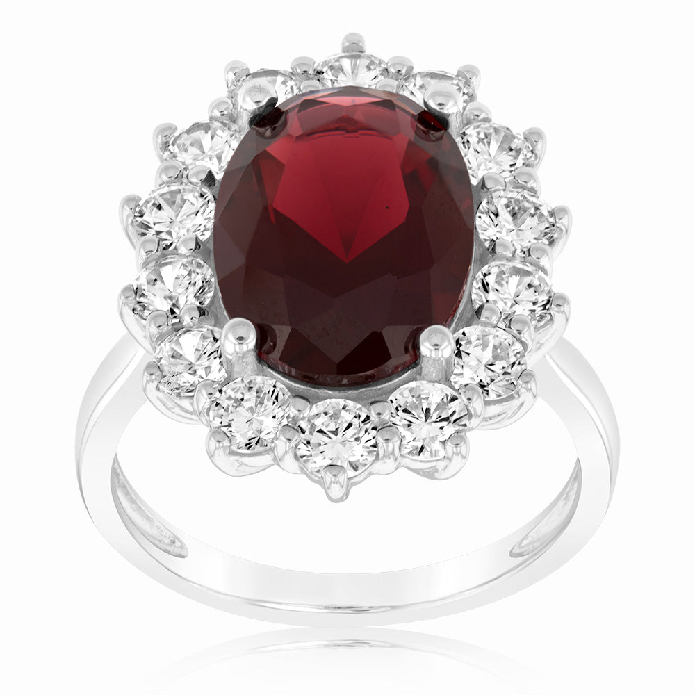 Sterling Silver Rhodium Plated Red Stone And White Cubic Zirconia Ring