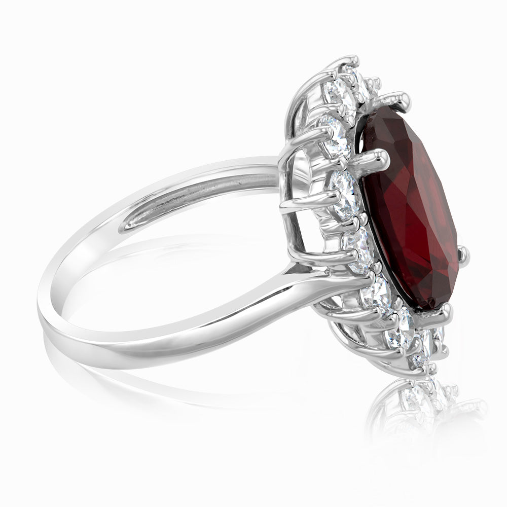 Sterling Silver Rhodium Plated Red Stone And White Cubic Zirconia Ring