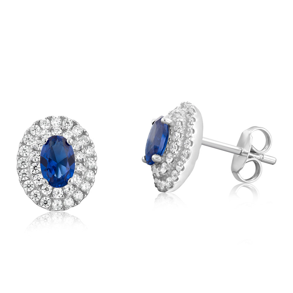 Sterling Silver Rhodium Plated Sapphire Coloured And White Cubic Zirconia Studs Earrings