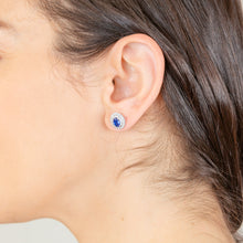 Load image into Gallery viewer, Sterling Silver Rhodium Plated Sapphire Coloured And White Cubic Zirconia Studs Earrings