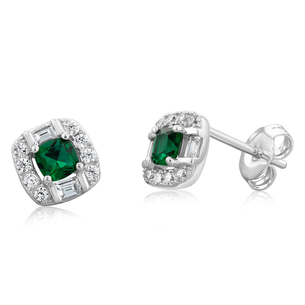 Sterling Silver Rhodium Plated Emerald And White Cubic Zirconia Stud Earrings