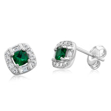 Load image into Gallery viewer, Sterling Silver Rhodium Plated Emerald And White Cubic Zirconia Stud Earrings