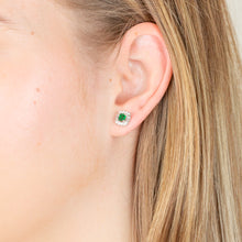 Load image into Gallery viewer, Sterling Silver Rhodium Plated Emerald And White Cubic Zirconia Stud Earrings
