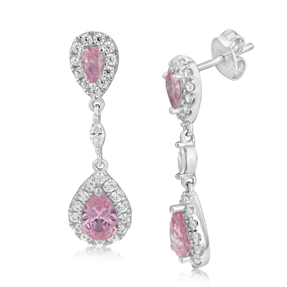 Sterling Silver Rhodium Plated Pink And White Cubic Zirconia Pear Drop Earrings