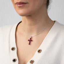 Load image into Gallery viewer, Sterling Silver Rhodium Plated Oval Red Stone Cross Pendant